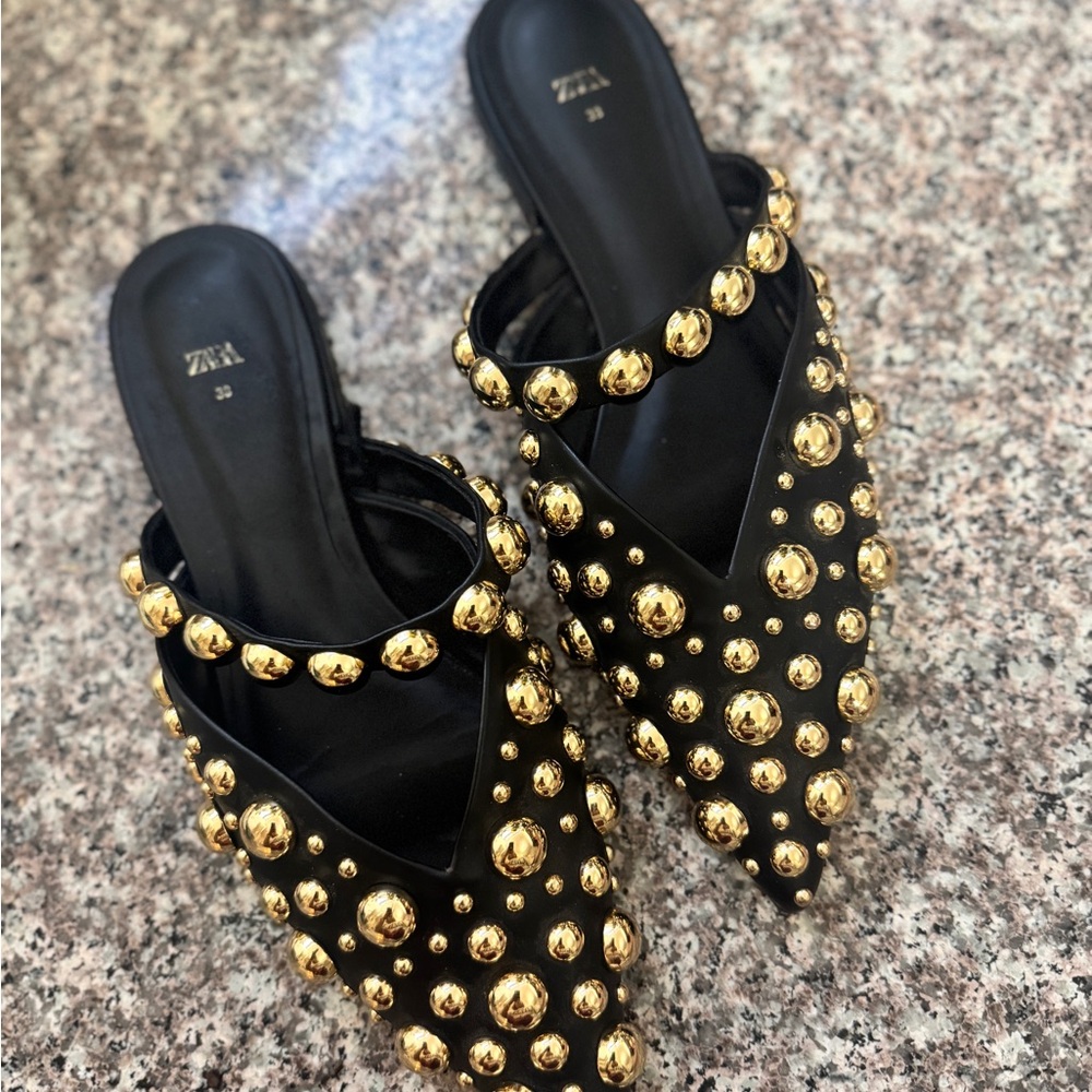 Zara Black and Gold Embellished Women's Mules